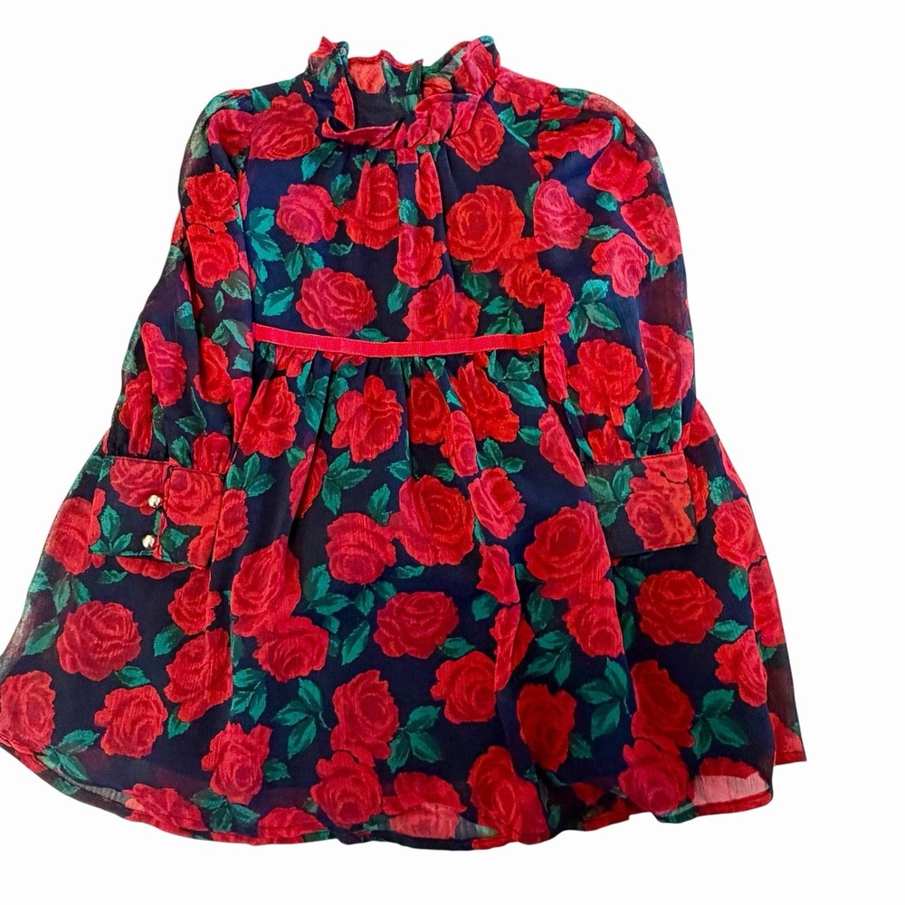 Janie and Jack Red Rose Floral Dress Toddler Girls Size 3 Formal Party Navy 3T